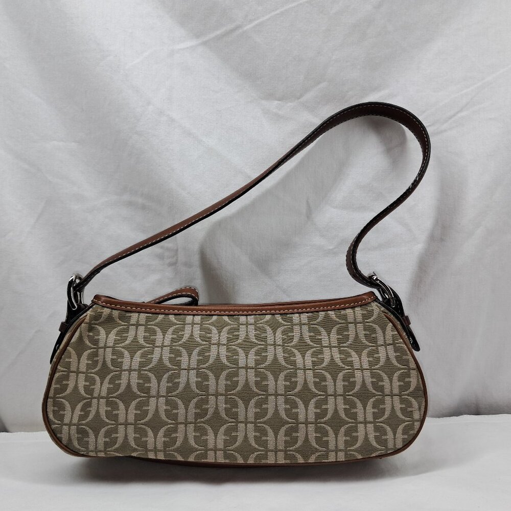 Vtg Fossil Brown Green Signature Jacquard Fabric Leather Trim Shoulder Demi Bag